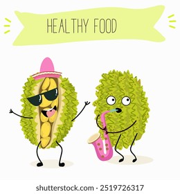 jackfruit character, tropical exotic citrus, vector isolated food icon, funny character. Hand drawn vector.