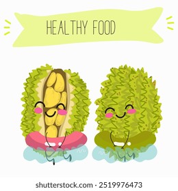 jackfruit character, tropical exotic citrus, vector isolated food icon, funny character. Hand drawn vector.