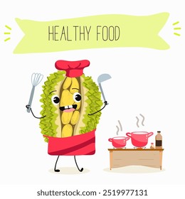 jackfruit character, tropical exotic citrus, vector isolated food icon, funny character. Hand drawn vector.