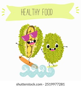 jackfruit character, tropical exotic citrus, vector isolated food icon, funny character. Hand drawn vector.