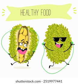 jackfruit character, tropical exotic citrus, vector isolated food icon, funny character. Hand drawn vector.