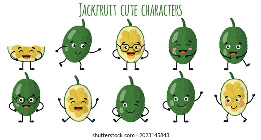 El fruto de la Chaqueta, personajes graciosos y alegres con diferentes poses y emociones. Recogida de alimentos antioxidantes de vitamina natural. Dibujo vectorial aislado. Concepto de niños.