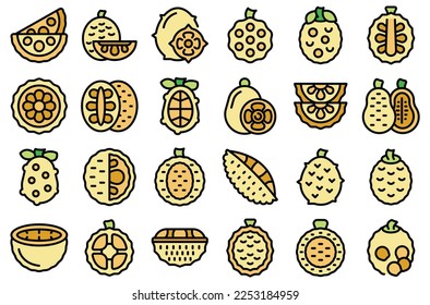 Jackfruit icons set outline vector. Vegan peeled. Tropical fruit color line flat isolated on white