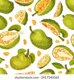 Jackfruit Natural Seamless Pattern with Green Tropical Fruit Vector Template