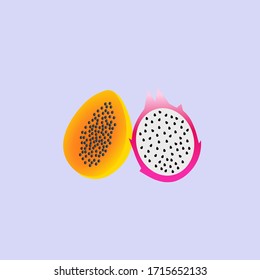 Jackfruit and papaya, on a light blue background, vector graphics