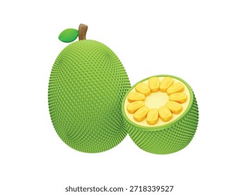  3D-Illustrationsrendering mit Jackfrucht ganz und halbiert