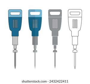 Jackhammer colored flat line icon and silhouette stencil template