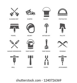 Jackhammer, Helmet, Cleaning Mop, Dumper, Crowbar, Paint brush, bucket, Pliers icon 16 set EPS 10 vector format. Icons optimized for both large and small resolutions.