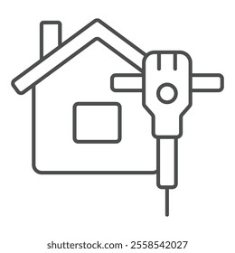 Jackhammer at house thin line icon, construction work concept. Vector graphics. Cottage building with electric hammer sign on white background, outline style icon for mobile or web design