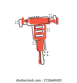 Jackhammer icon in comic style. Demolish package vector illustration on white isolated background. Destroy splash effect business concept.
