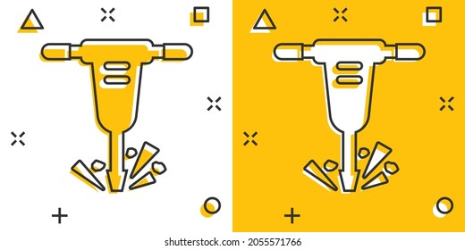 Jackhammer icon in comic style. Demolish package vector illustration on white isolated background. Destroy splash effect business concept.