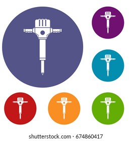 Jackhammer icons set in flat circle reb, blue and green color for web