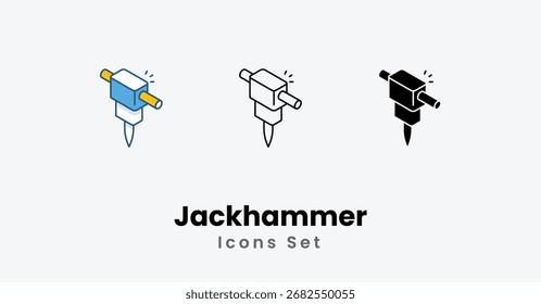 Jackhammer Icons línea delgada, glifo negro, línea de color icono de Vector Ilustración de stock