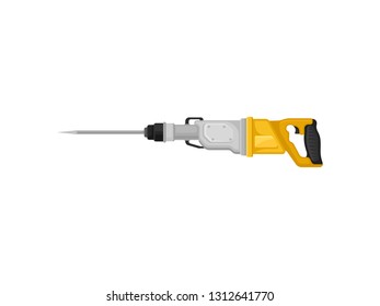 Jackhammer with steel drill bit, side view. Electric hammer drill with yellow handle. Power tool. Flat vector icon