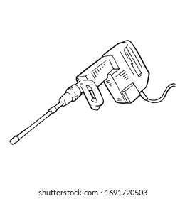 Jackhammer tool with power cable hand drawn outline illustration. Electric rock breaker machine, powerful hard work industrial equipment. Construction impact hammer device.