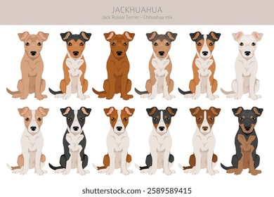 Jackhuahua clipart. Jack Russel Terrier - Chihuahua mix. All possible coat colors, breed information, adults and puppies.  Vector illustration