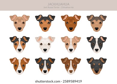 Jackhuahua clipart. Jack Russel Terrier - Chihuahua mix. All possible coat colors, breed information, adults and puppies.  Vector illustration