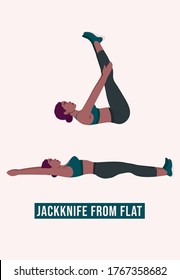 Jackknife From Flat exercise, Woman workout fitness, aerobic and exercises. Vector Illustration.