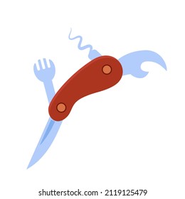 Jackett einzeln auf weißem Hintergrund. Multi-Tool Penknife. Taschenfaltenmesser. Wanderpakete. Tourismus und Reisekonzept. Ausrüstung für Tourismus, Wandern, Klettern, Abenteuer, Reisen, Ruhe