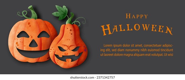 Jack'o lantern monsters in watercolors 2d style with wording of Halloween day and example texts on dark gray background. Halloween greeting card in vector design.