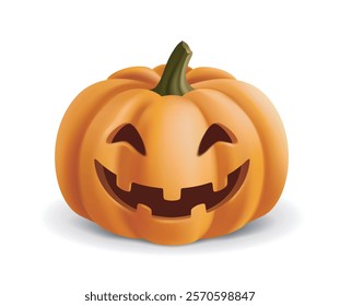 Jack-o -lantern pumpkin with carved smiling face, detailed artistic design, isolated on white background. Concept of Halloween festive element. Vector illustration