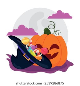 Jack-o - calabaza de la linterna y sombrero de bruja que rebosan con dulces de Halloween, luna llena, Ilustración vectorial