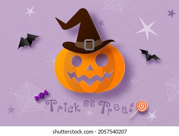 Jack'o lantern wear witch hat with bats flying in paper cut style on purple paper pattern background. Halloween greeting card in paper cut style and vector design.