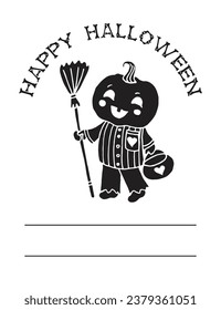 Jack-O-Lantern baby black pumpkin head with broom on white background for Halloween card