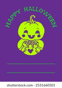 Jack-O-Lantern cabeça de abóbora verde bebê com doce no fundo roxo para cartão de Halloween