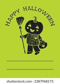 Jack-O-Lantern black baby pumpkin head with broom on green background for Halloween card