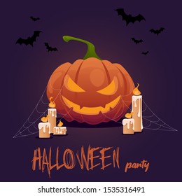 Jack-O'-Lantern with candles and bats on a dark background. Halloween vector illustration.
