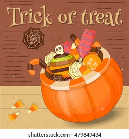 Jack-o-lantern Candy Basket with Pile of Colorful Halloween Sweet Treats. Halloween Pumpkin. Vector Illustration.