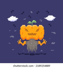 Jack-o'-lantern character in pixel style. pumpkin head monster. design elements for halloween, games, posters. pixel or bit cartoon illustration