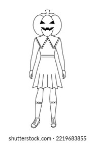 Jack-O-Lantern costume for Halloween. Girl in a dress and a pumpkin head with scary face. Hand drawn outline vector illustration isolated on white background.