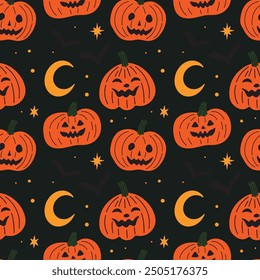 Jack-O-Lantern Creepy carved pumpkin head vector seamless pattern design. Autumn illustration in flat cartoon retro groovy funky style for Halloween holiday decoration, wrapping paper, background