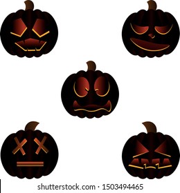 Jack-o'-lantern, dark option. halloween pumpkin set. Different faces. Isolated.