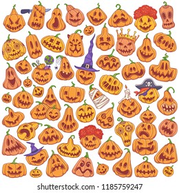 Jack-o'-lantern doodle set. Halloween carved pumpkins cartoon style vector illustration isolated on white background.