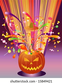 Jack-o-Lantern explodes with candy and light