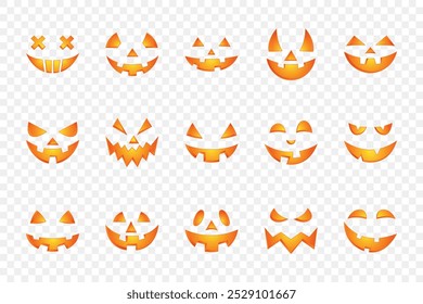 Jack-o-Lantern se enfrenta a la Colección para la talla de calabaza de Halloween, caras de calabaza de Halloween de colores. Diseño de Jack-o-Lantern, Conjunto de iconos de cara de Halloween. Jack-o-Lantern Ilustraciones para la decoración de Halloween