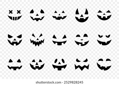 Jack-o-Lantern Faces Collection for Halloween Pumpkin Carving, Black Silhouette Pumpkin Faces. Jack-o-Lantern Design, Halloween Face Icon Set. Jack-o-Lantern Illustrations for Halloween Decor