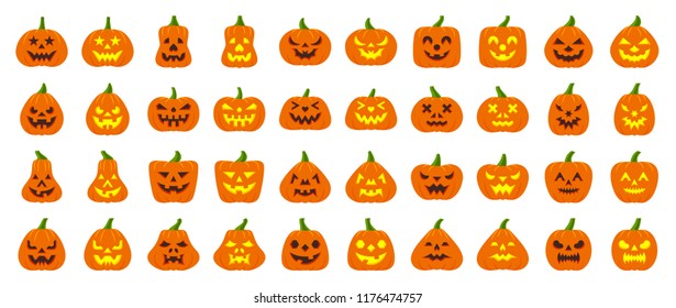 Jack-O-Lantern flat icons set Web sign kit pumpkin face Halloween pictogram collection angry eyes, creepy party decoration Simple jack-o-lantern cartoon icon symbol isolated white. Vector Illustration