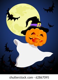 Jack-o-lantern flies on the sky. Halloween vector illustration.