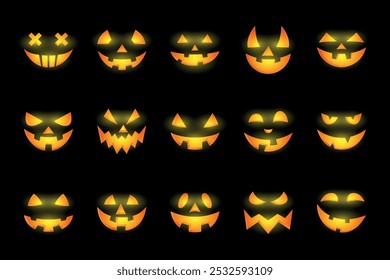 Jack-o-Lantern Glowing Faces Collection for Halloween Pumpkin Carving, Colorful Halloween Pumpkin Faces. Jack-o-Lantern Design, Halloween Face Icon Set. Jack-o-Lantern Illustrations, Halloween Decor