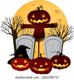 Jack-o'-lantern at graveyard on white background illustration