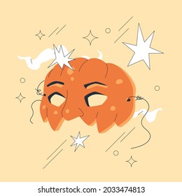 Jack-O-Lantern half-mask over beige background. Modern vintage minimal design. Comic style vector composition.