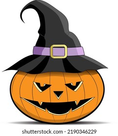 Jack-O-Lantern. Calabaza de Halloween con sombrero negro de brujas. Ilustración vectorial.