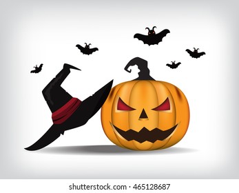 Jack-O-Lantern. Halloween pumpkin with black witches hat. Vector illustration.