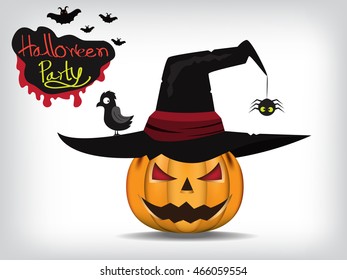 Jack-O-Lantern. Halloween pumpkin with black witches hat. Vector illustration.