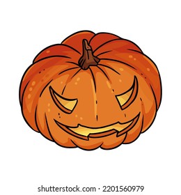 Jack-o-Lantern Halloween pumpkin. Cute scary carved pumpkin face cartoon icon. Hand drawn isolated lineart illustration for prints, designs, cards
