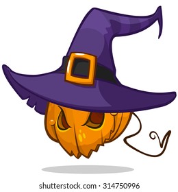 Jack-O-Lantern. Halloween pumpkin head with black witches hat. Vector illustration. 